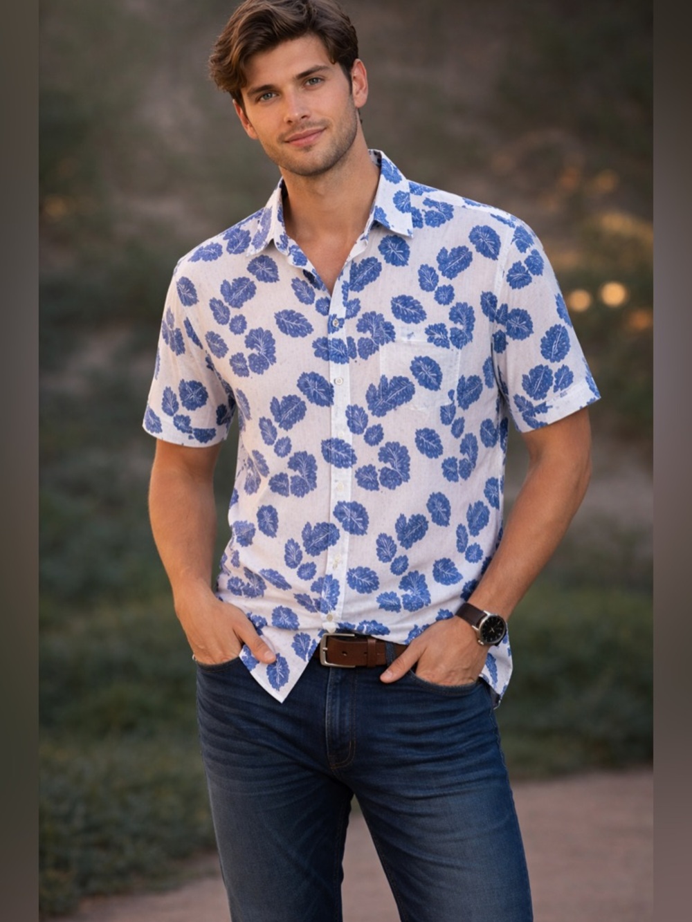Casual Blue Leaf-Print Short-Sleeve Button-Down Shirt